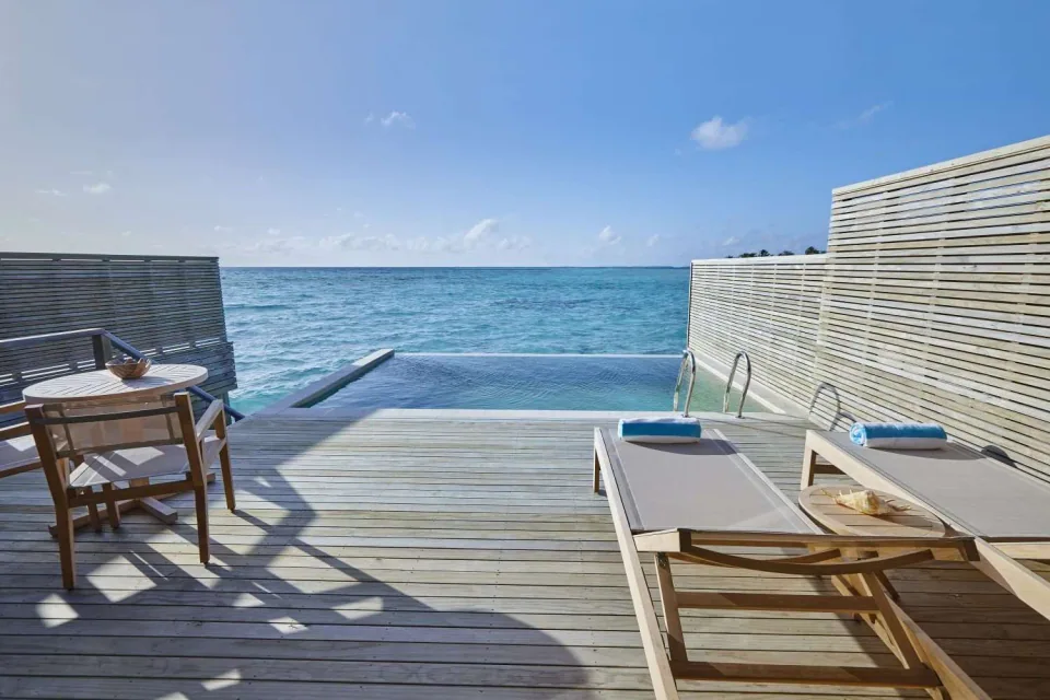 Private deck and plunge pool at a Mabin water villa, Jawakara Islands Maldives
