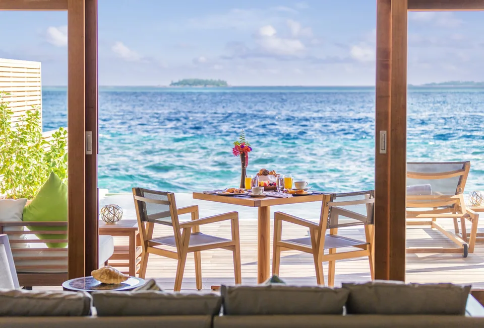 Ocean Pool Villa lounge looking onto the private terrace at Hurawalhi