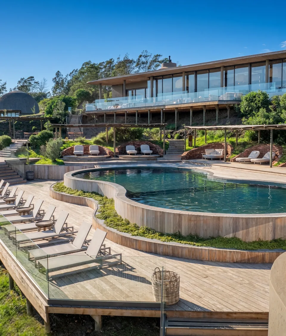 Kwena Lodge curved pool, terrace and glass-fronted lodge